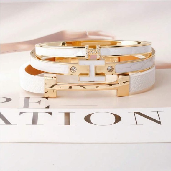 Gold & White Enamel H-Link Bangle Set - Women’s Fashion Jewelry - Picture 4 of 5